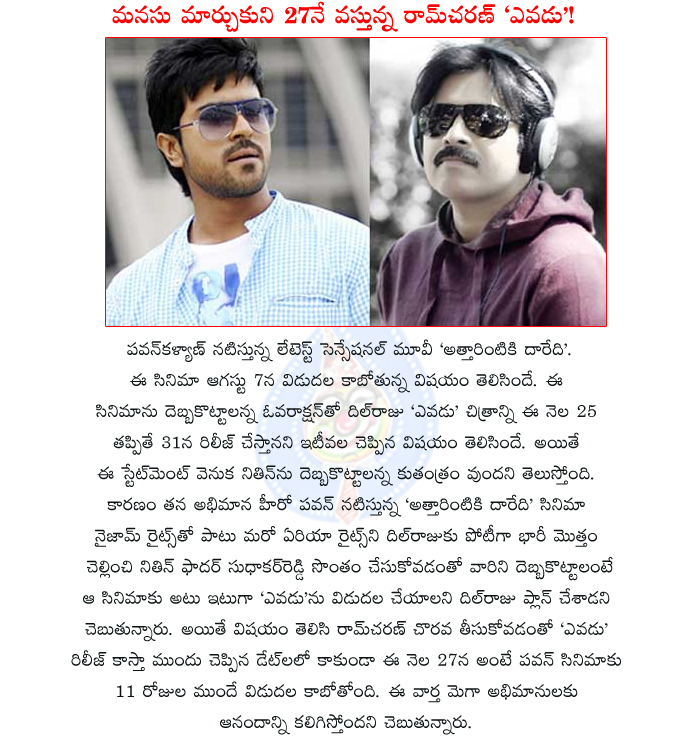 ram charan,pawan kalyan,attarintiki daaredi movie,yevadu movie release details,yevadu release preponed,july 27th,dil raju,sudhakar reddy,nitin father,distribution rights of nizam,pawan kalyan vs ram charan,ram charan movie yevadu release date  ram charan, pawan kalyan, attarintiki daaredi movie, yevadu movie release details, yevadu release preponed, july 27th, dil raju, sudhakar reddy, nitin father, distribution rights of nizam, pawan kalyan vs ram charan, ram charan movie yevadu release date